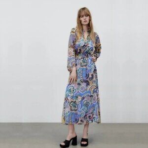 ZARA Paisley Print Chiffon Long Sleeve Midi Dress Bllue Multi Medium #A1187